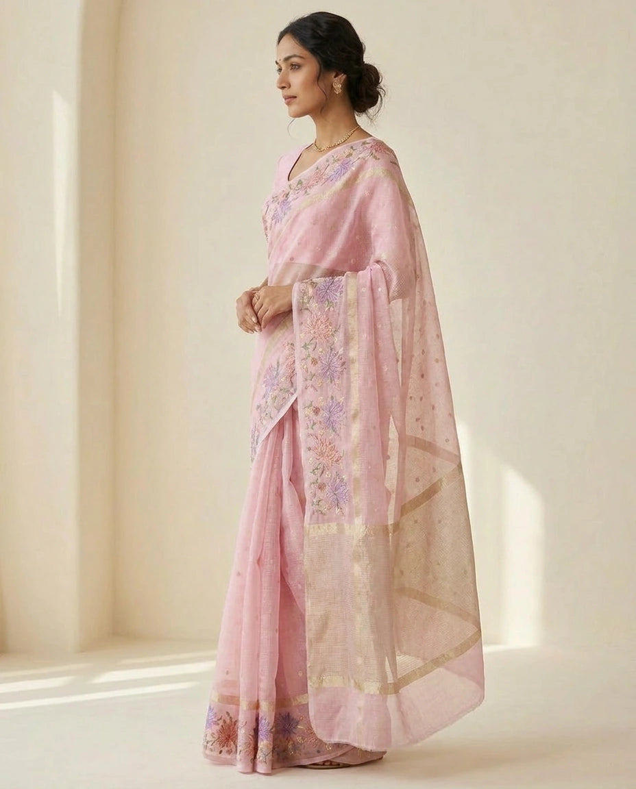 Kota Tissue Saree with Hand-Embroidered Motifs on Pallu view 10