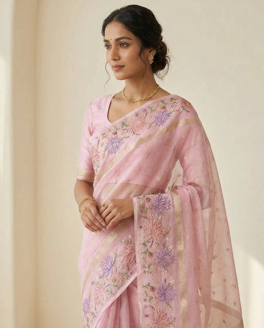 Kota Tissue Saree with Hand-Embroidered Motifs on Pallu view 11