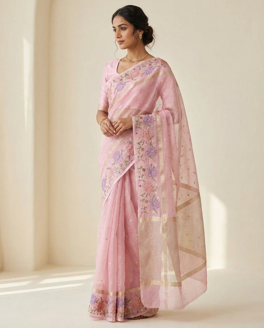 Kota Tissue Saree with Hand-Embroidered Motifs on Pallu view 12