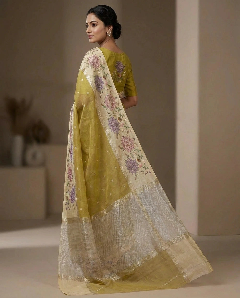 Yellow Kota Tissue Saree with Hand-Embroidered Motifs on Pallu