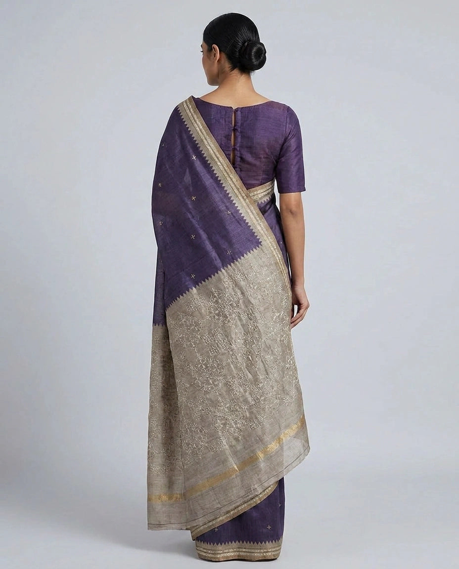 Tussar Silk Embroidered Saree with Resham Thread Motifs view 2