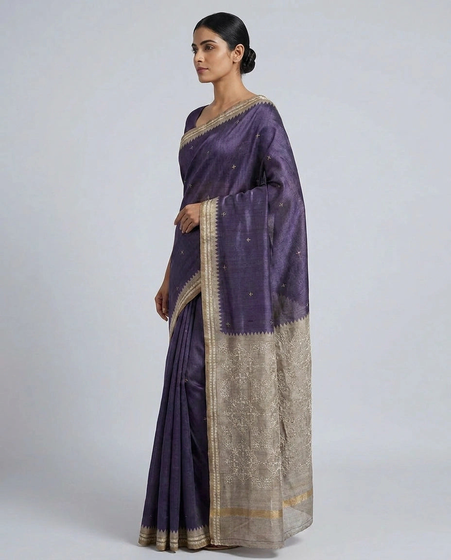 Tussar Silk Embroidered Saree with Resham Thread Motifs view 3