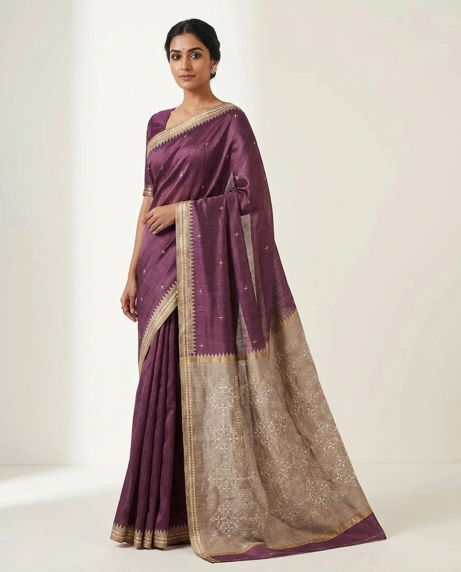 Tussar Silk Embroidered Saree with Resham Thread Motifs view 5