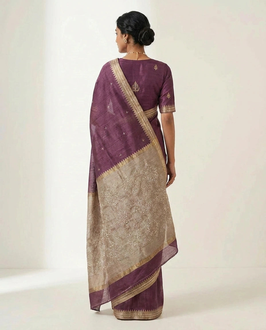 Tussar Silk Embroidered Saree with Resham Thread Motifs view 6