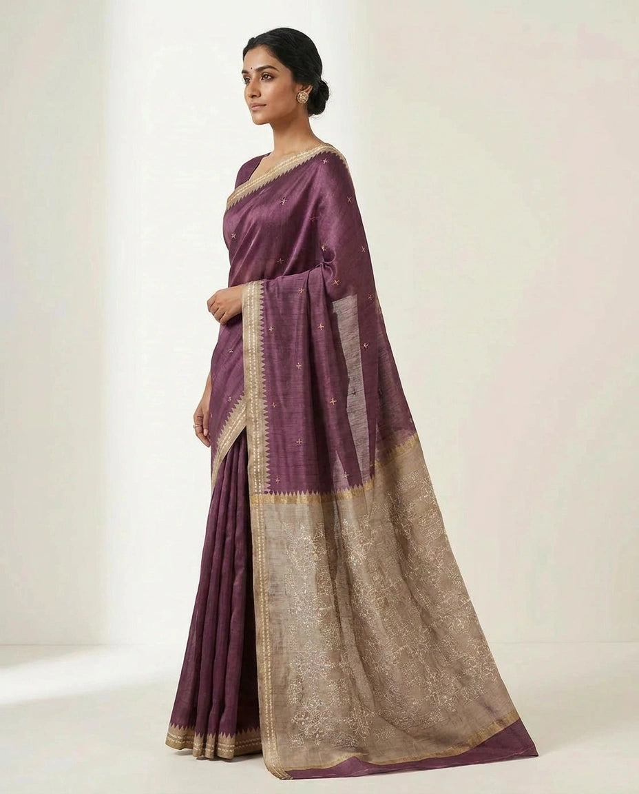 Tussar Silk Embroidered Saree with Resham Thread Motifs view 7