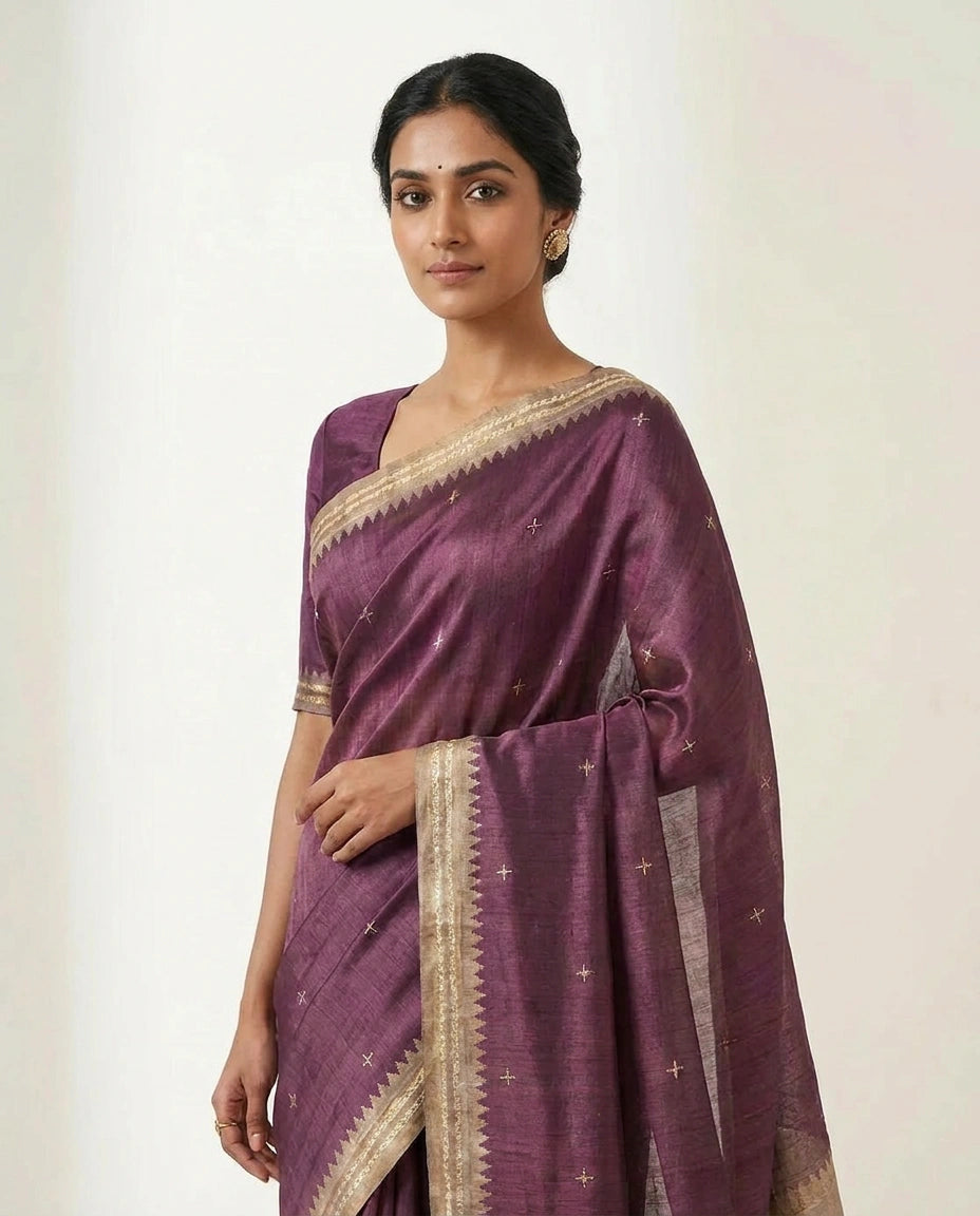 Tussar Silk Embroidered Saree with Resham Thread Motifs view 8