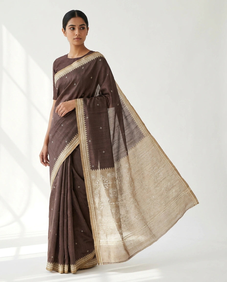 Tussar Silk Embroidered Saree with Resham Thread Motifs view 9