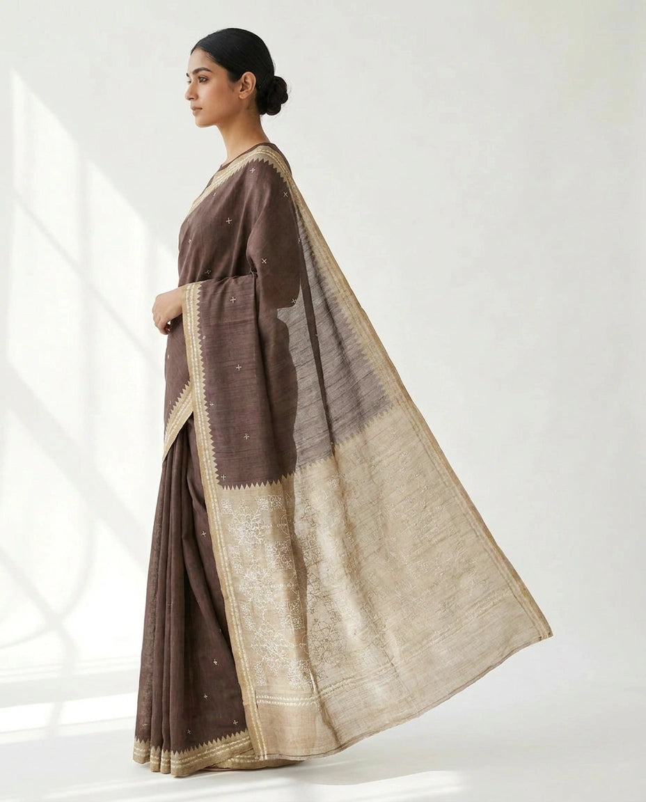 Tussar Silk Embroidered Saree with Resham Thread Motifs view 11