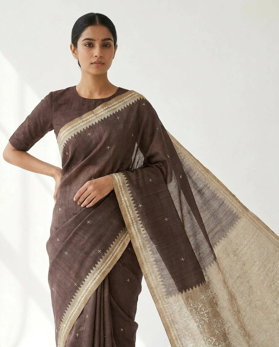 Tussar Silk Embroidered Saree with Resham Thread Motifs view 12