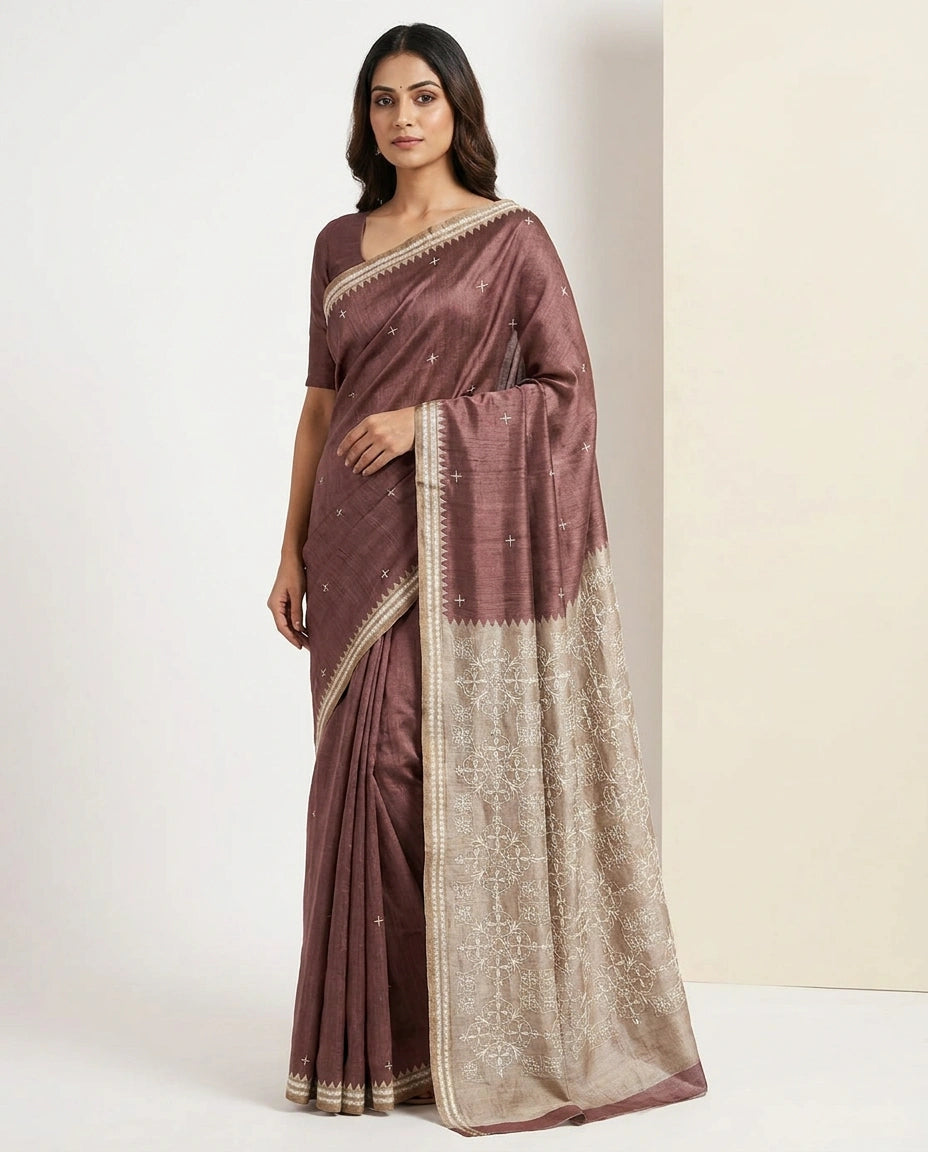 Tussar Silk Embroidered Saree with Resham Thread Motifs view 13