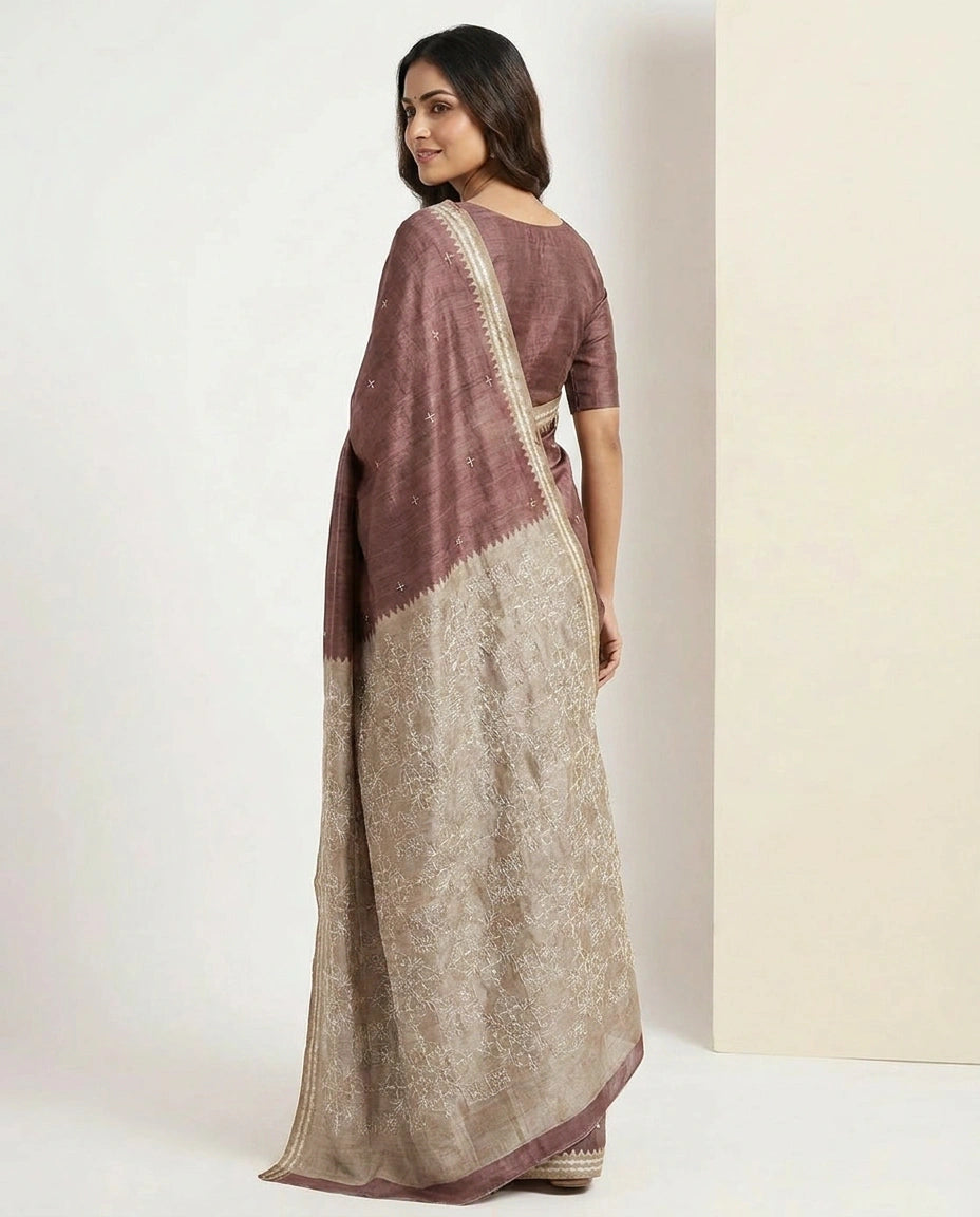 Tussar Silk Embroidered Saree with Resham Thread Motifs view 14