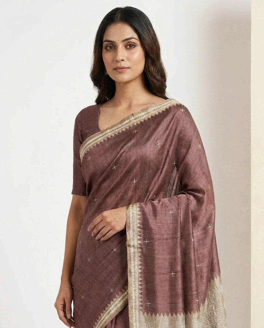 Tussar Silk Embroidered Saree with Resham Thread Motifs view 15
