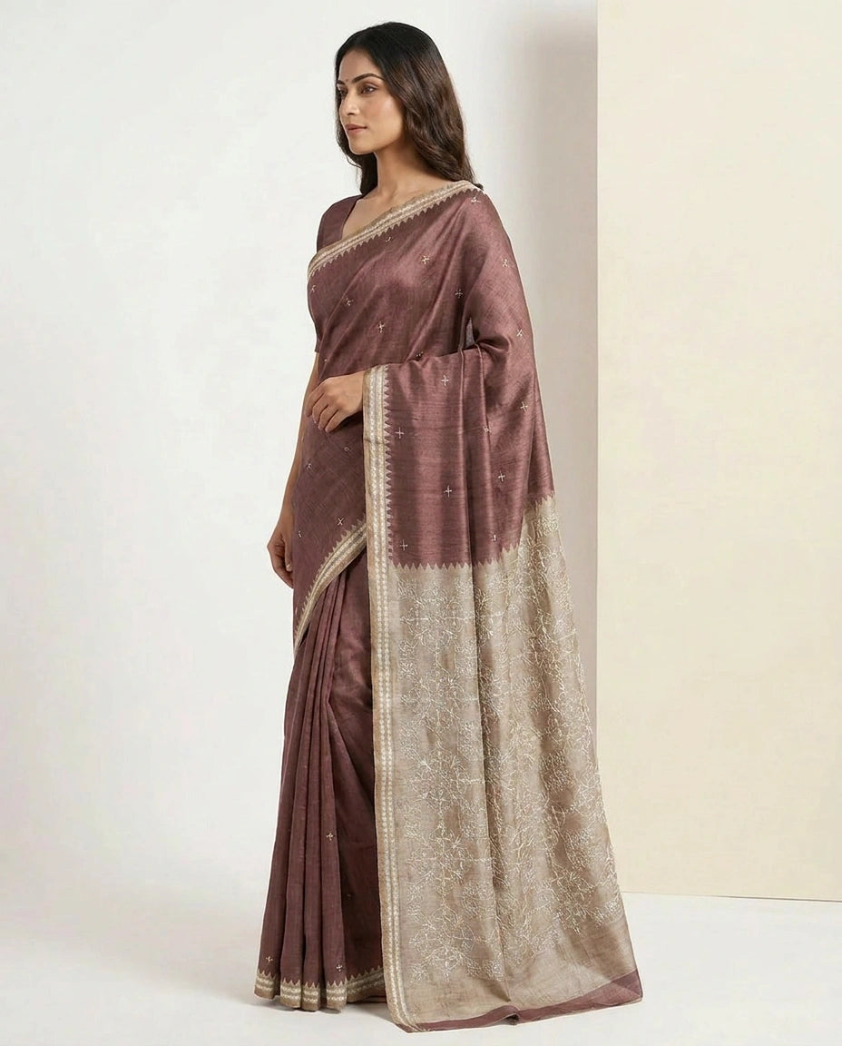 Tussar Silk Embroidered Saree with Resham Thread Motifs view 16