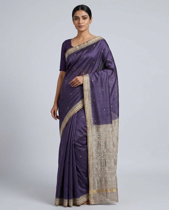 Mauve Tussar Silk Embroidered Saree with Resham Thread Motifs