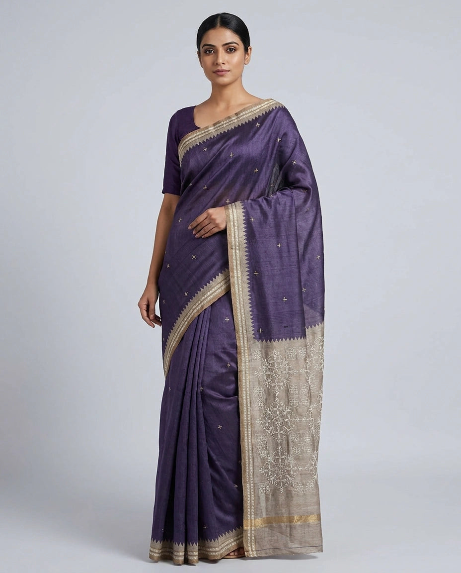 Mauve Tussar Silk Embroidered Saree with Resham Thread Motifs