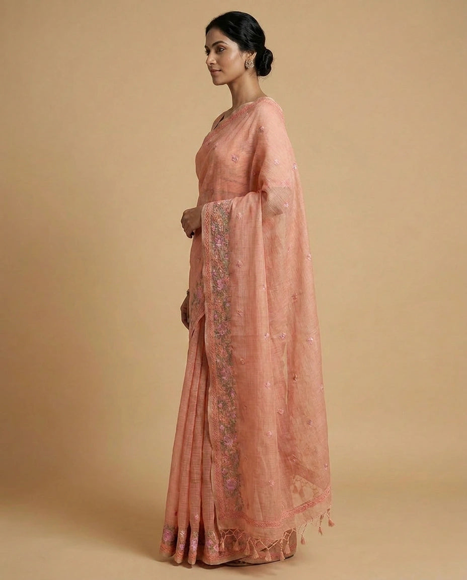 Firozi Blue Pure Cotton Handloom Saree with Woven Motif from Kolkata - Rangoli India