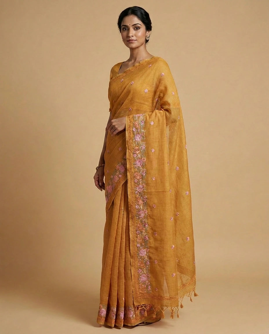 Firozi Blue Pure Cotton Handloom Saree with Woven Motif from Kolkata - Rangoli India
