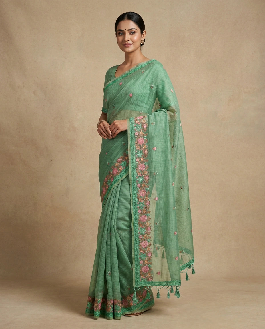 Firozi Blue Pure Cotton Handloom Saree with Woven Motif from Kolkata - Rangoli India