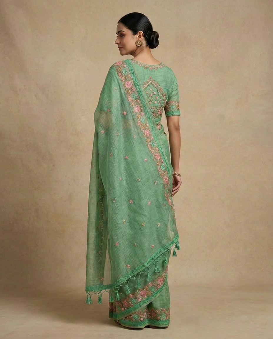 Firozi Blue Pure Cotton Handloom Saree with Woven Motif from Kolkata - Rangoli India