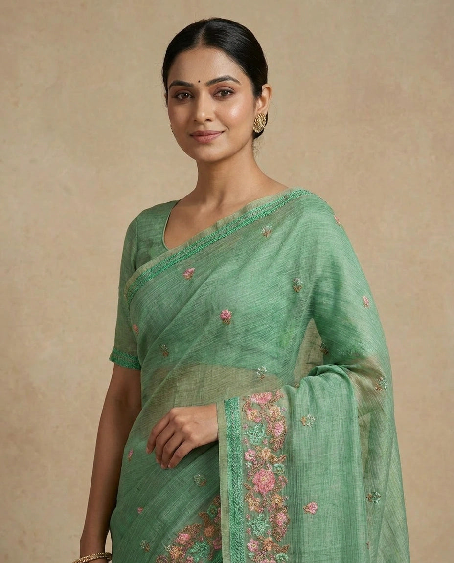 Firozi Blue Pure Cotton Handloom Saree with Woven Motif from Kolkata - Rangoli India