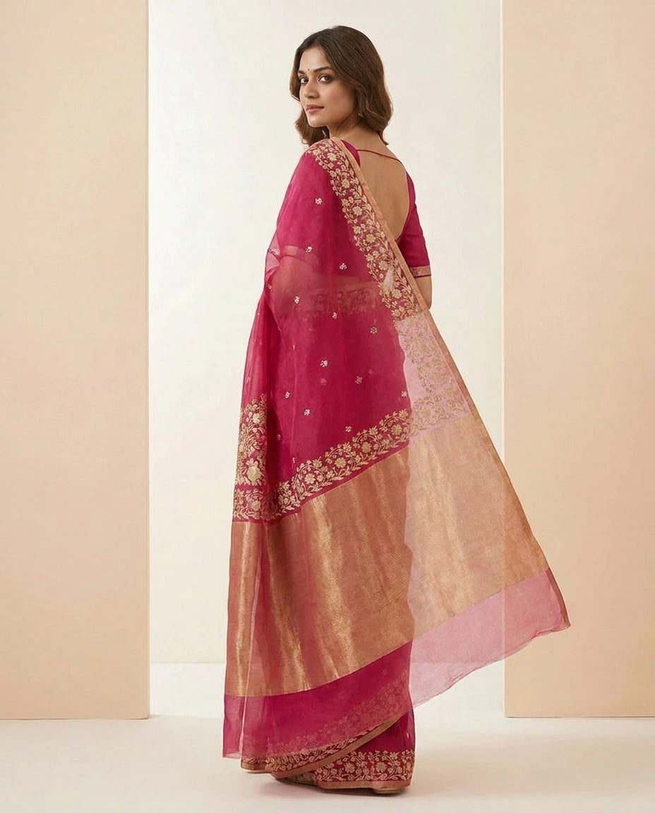 Kolkata Handloom Cotton Saree with Woven Border and Pallu view 3