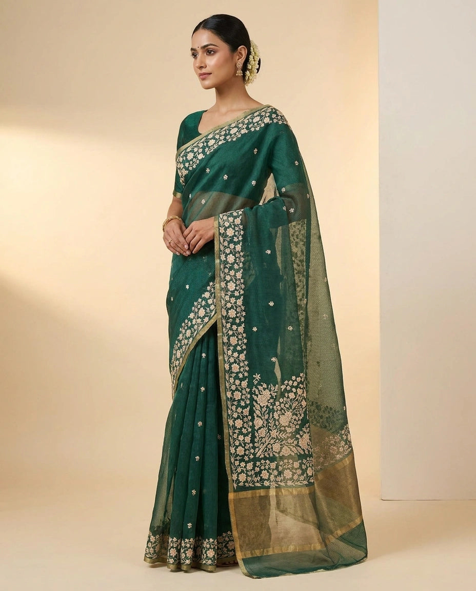 Kolkata Handloom Cotton Saree with Woven Border and Pallu view 5