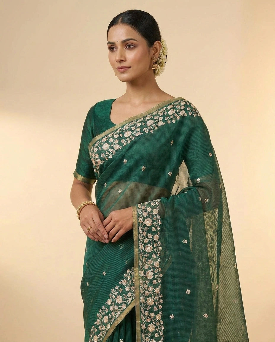 Kolkata Handloom Cotton Saree with Woven Border and Pallu view 6
