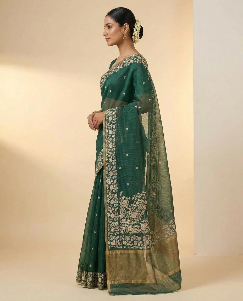 Kolkata Handloom Cotton Saree with Woven Border and Pallu view 7