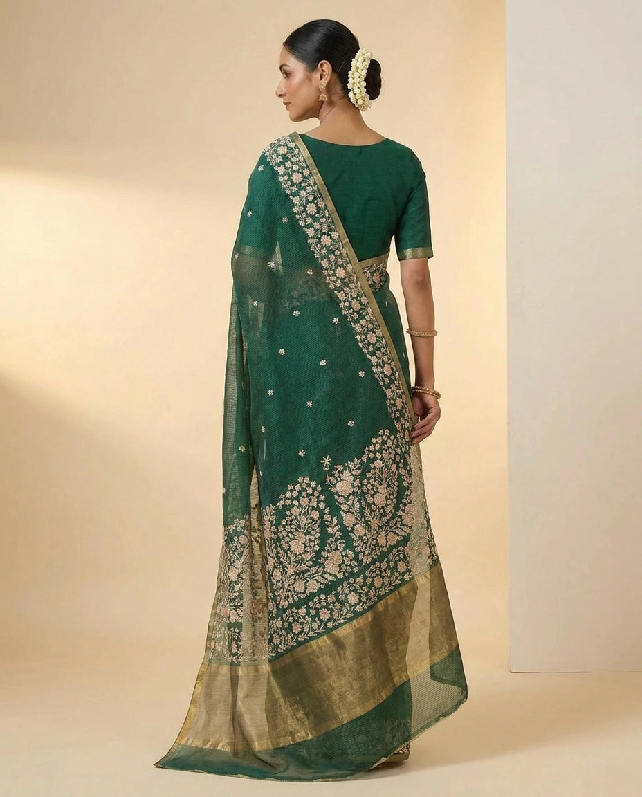 Kolkata Handloom Cotton Saree with Woven Border and Pallu view 8