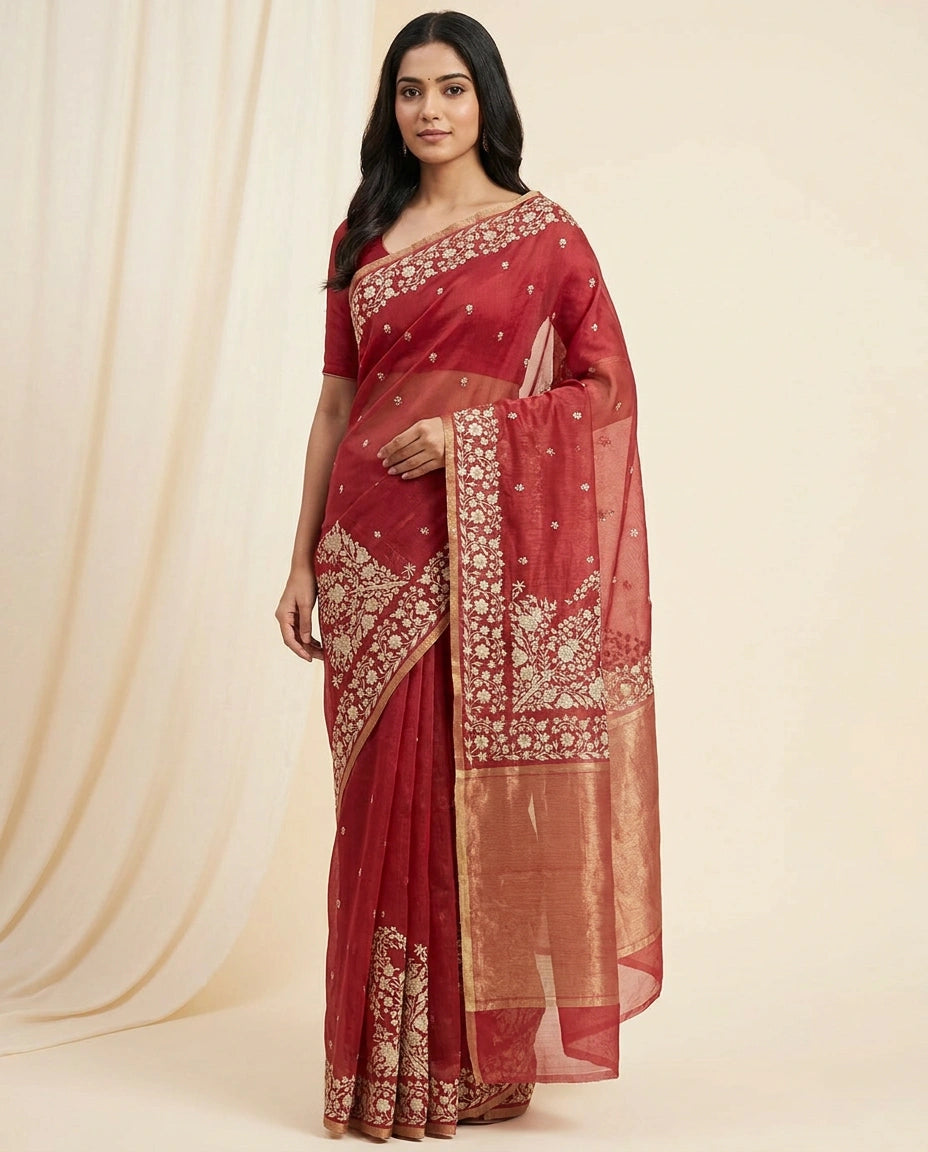 Kolkata Handloom Cotton Saree with Woven Border and Pallu view 9