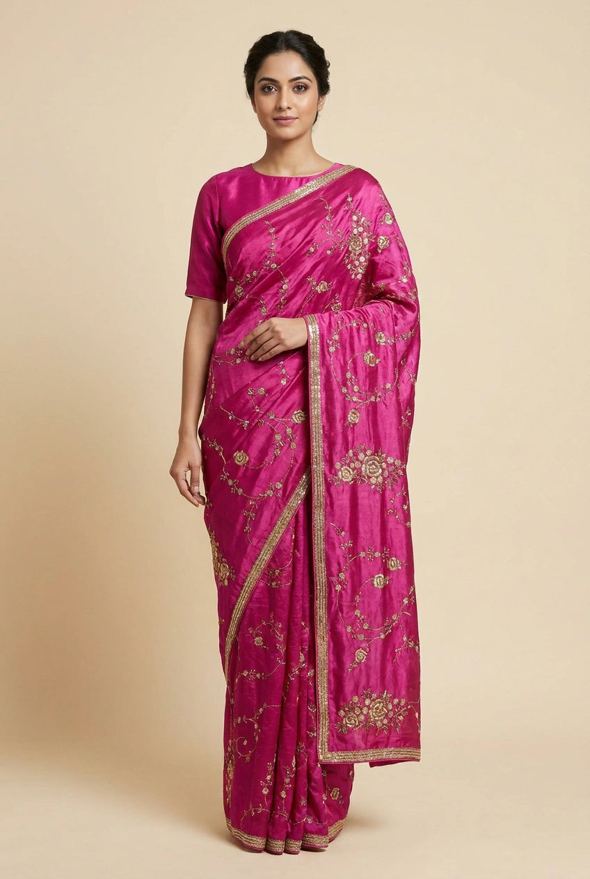 Crinkle Satin Embroidered Saree with Thread Work for Sangeet Wear