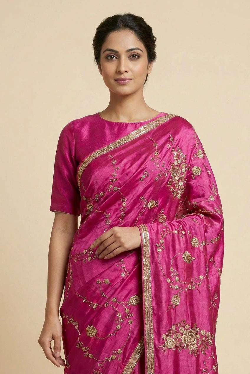 Crinkle Satin Embroidered Saree with Thread Work for Sangeet Wear