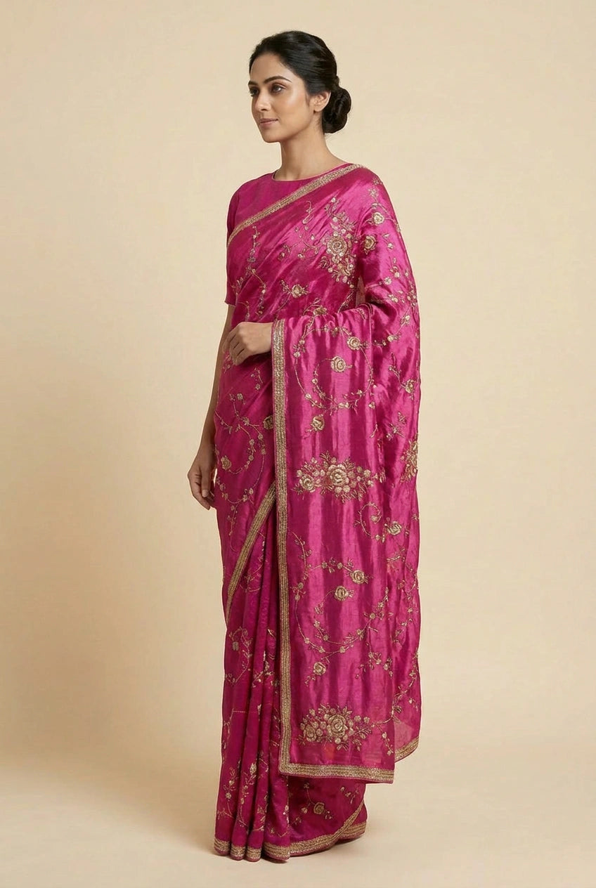 Crinkle Satin Embroidered Saree with Thread Work for Sangeet Wear