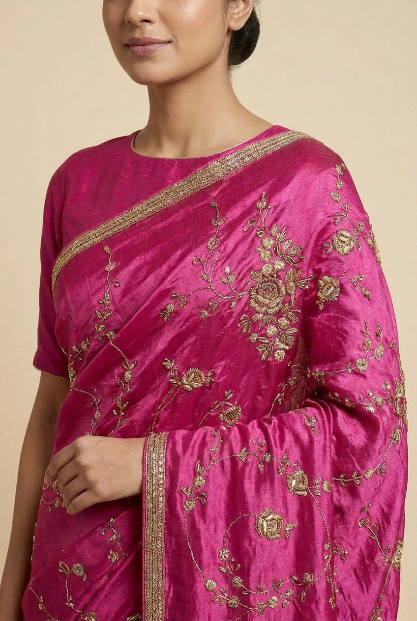 Crinkle Satin Embroidered Saree with Thread Work for Sangeet Wear