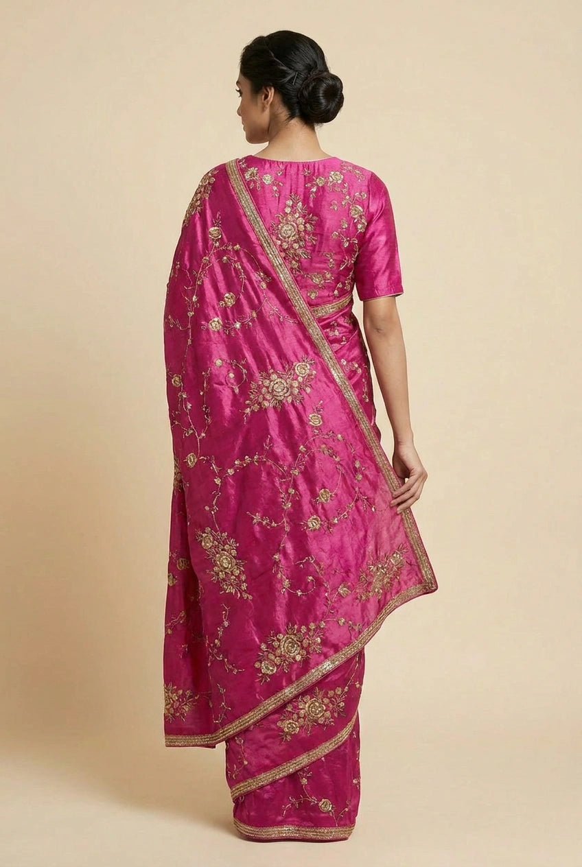 Crinkle Satin Embroidered Saree with Thread Work for Sangeet Wear