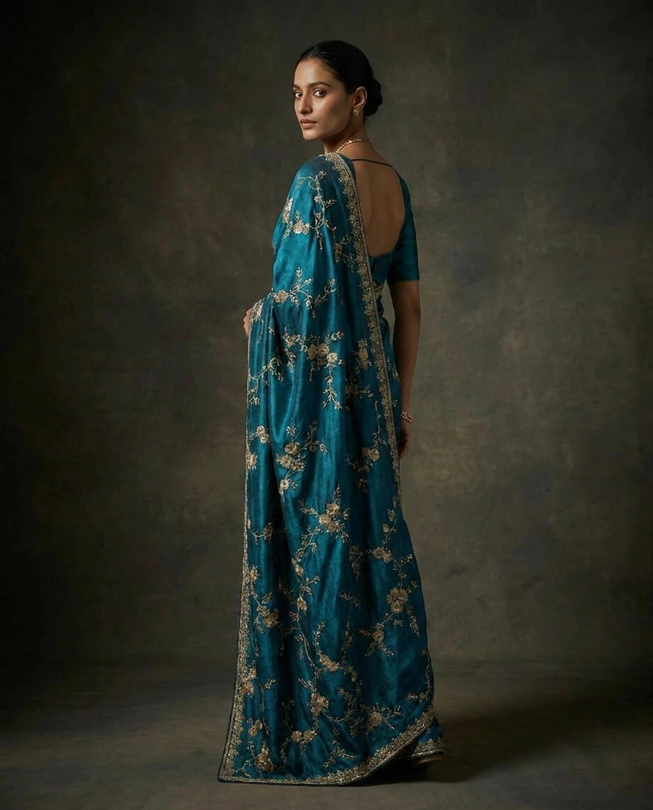 Satin Designer Saree with Hand Embroidery for Festive Wear view 3