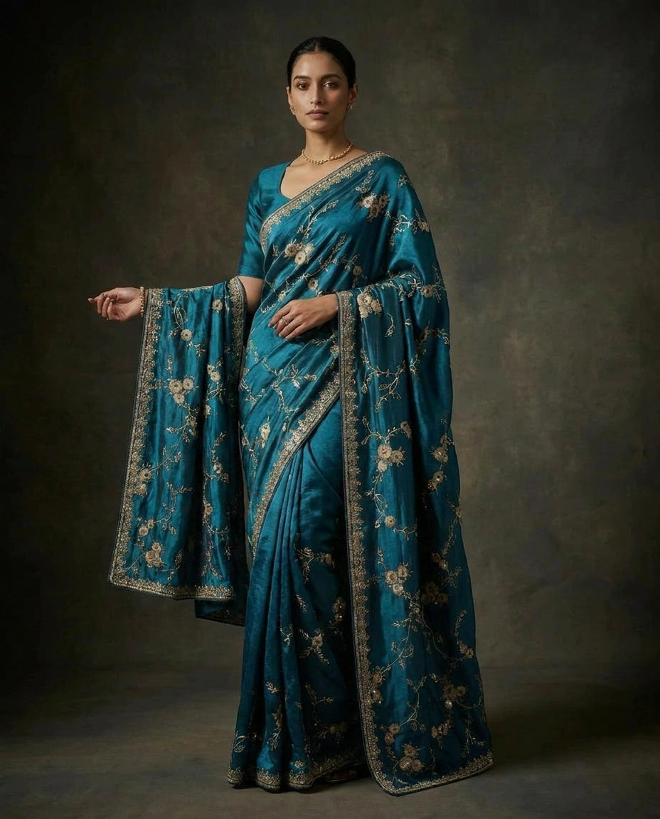 Satin Designer Saree with Hand Embroidery for Festive Wear view 4