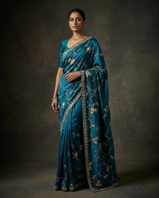 Satin Designer Saree with Hand Embroidery for Festive Wear - Rangoli India