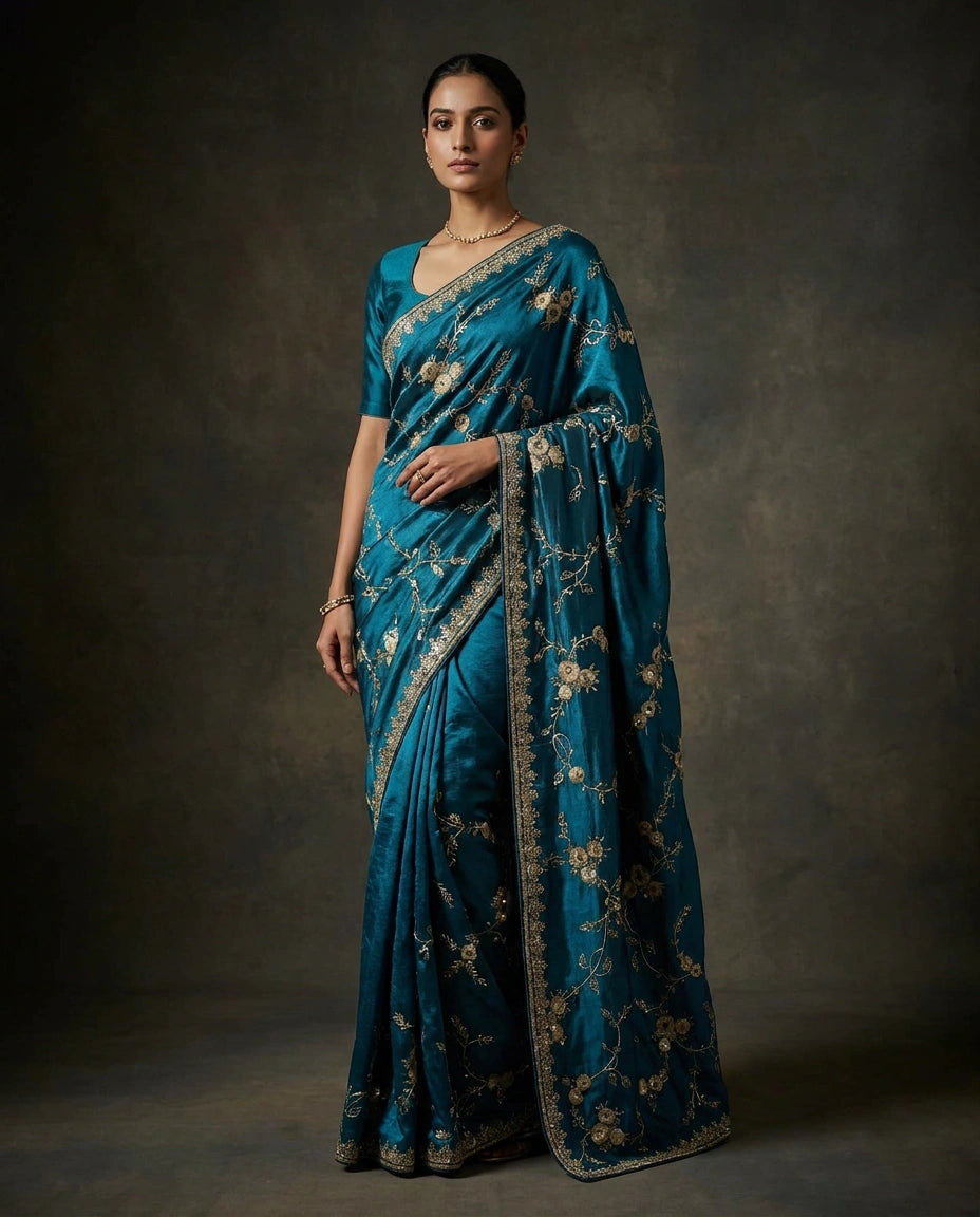 Satin Designer Saree with Hand Embroidery for Festive Wear - Rangoli India