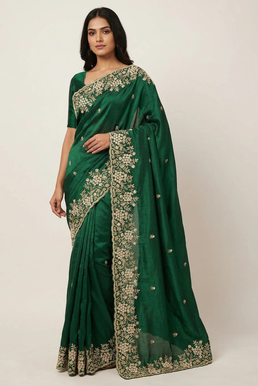 Bottle Green Organza Embroidered Saree for Cocktail Night