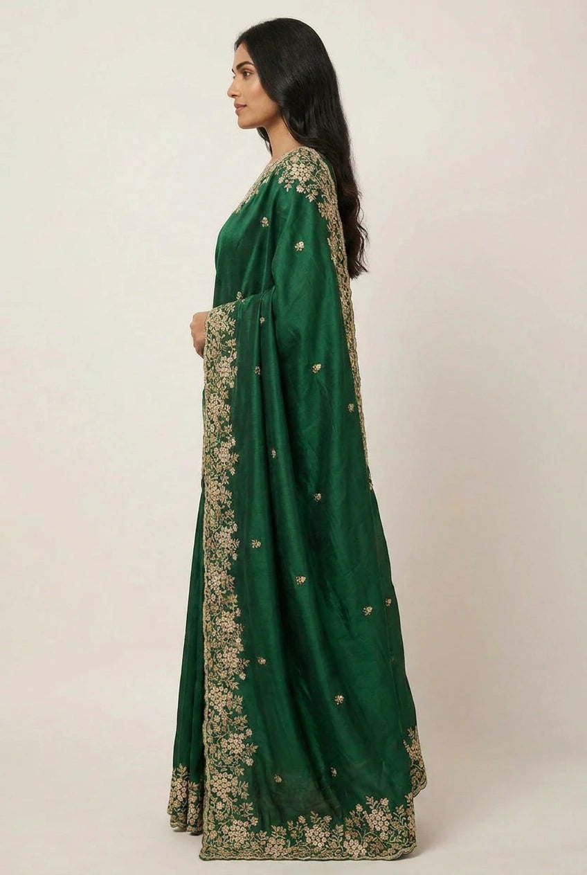 Bottle Green Organza Embroidered Saree for Cocktail Night