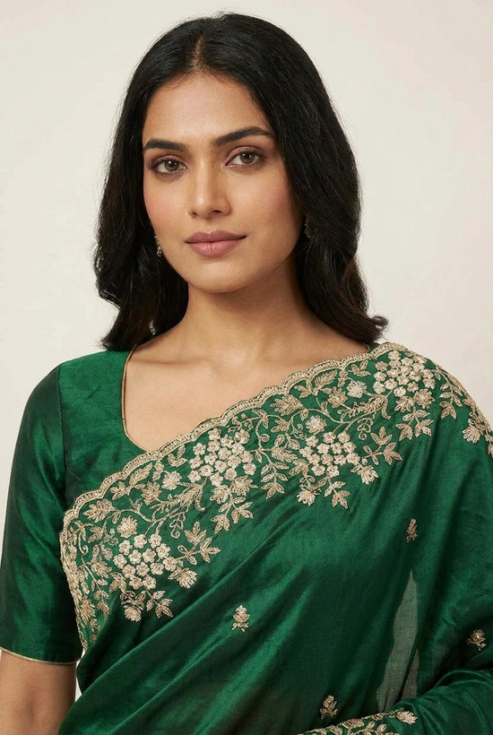 Bottle Green Organza Embroidered Saree for Cocktail Night