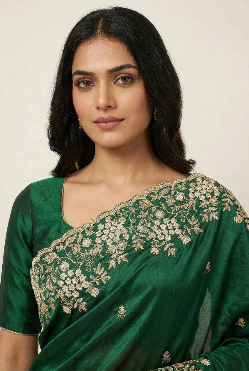 Bottle Green Organza Embroidered Saree for Cocktail Night