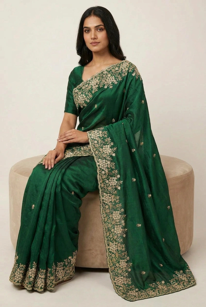 Bottle Green Organza Embroidered Saree for Cocktail Night