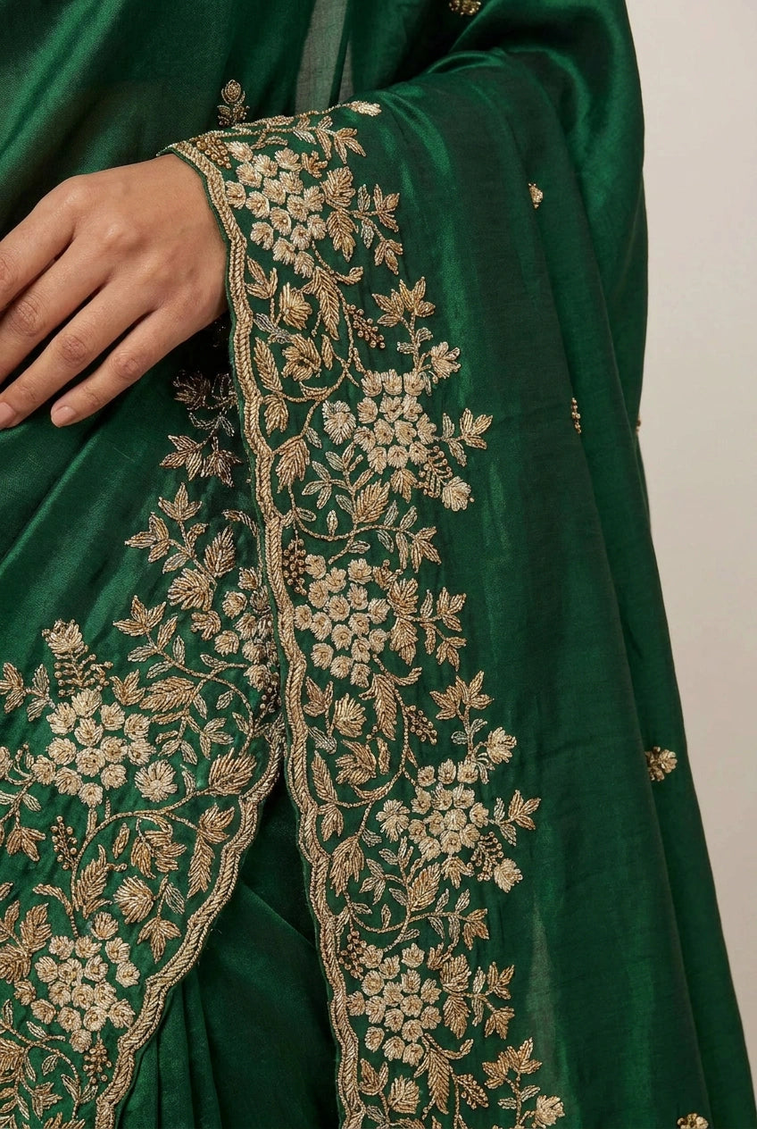 Bottle Green Organza Embroidered Saree for Cocktail Night