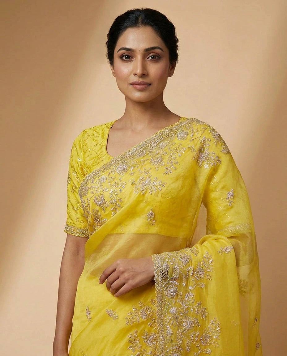 Organza Saree with Tonal Thread Embroidery Online India - Rangoli India
