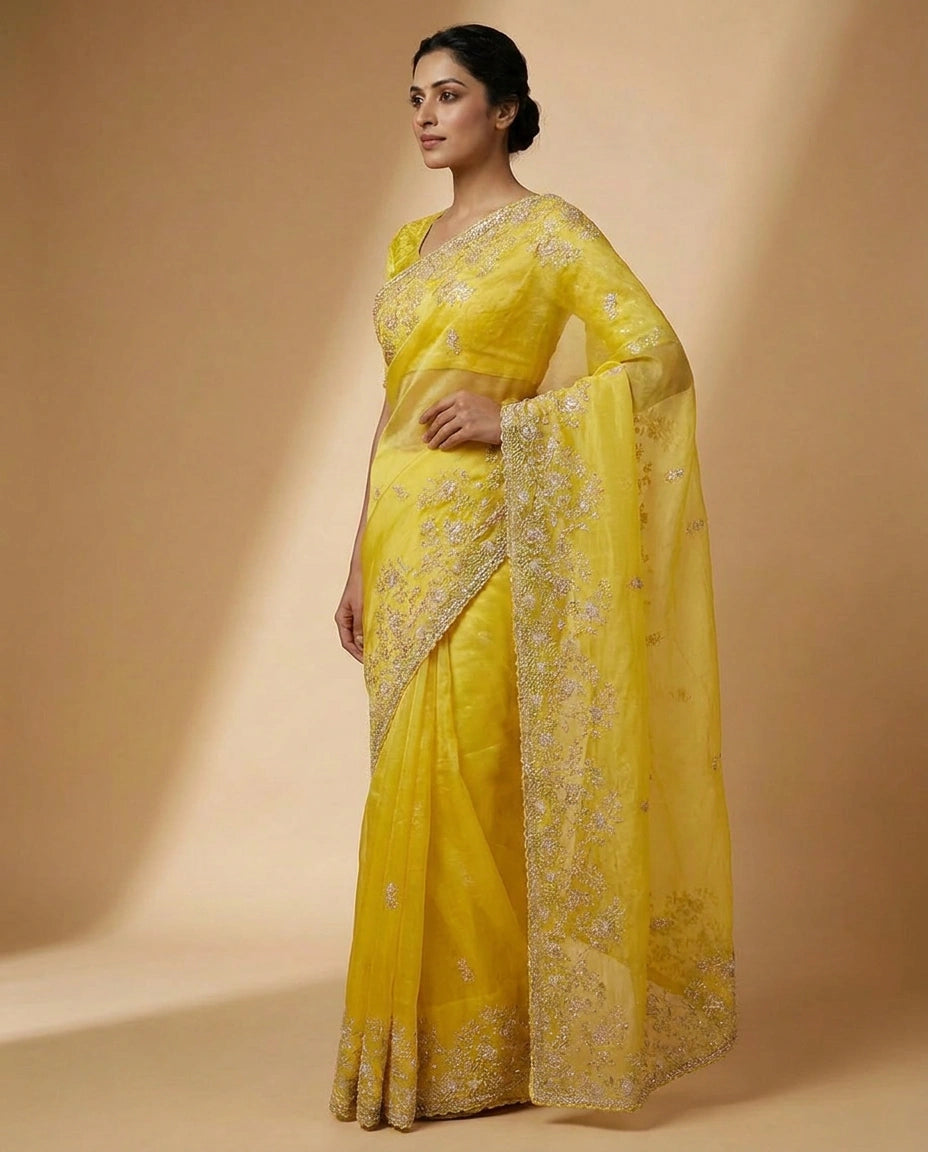 Organza Saree with Tonal Thread Embroidery Online India - Rangoli India