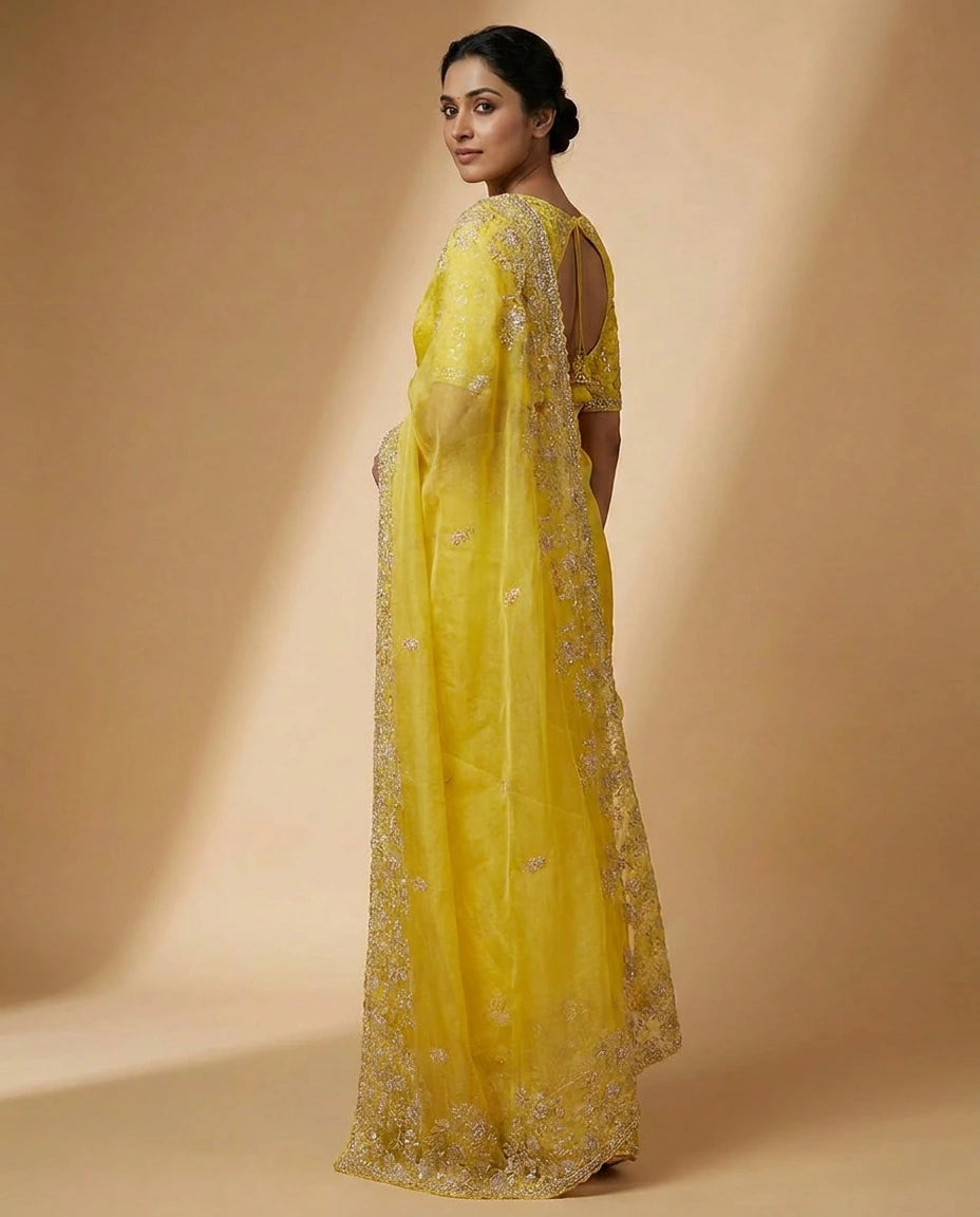 Organza Saree with Tonal Thread Embroidery Online India - Rangoli India