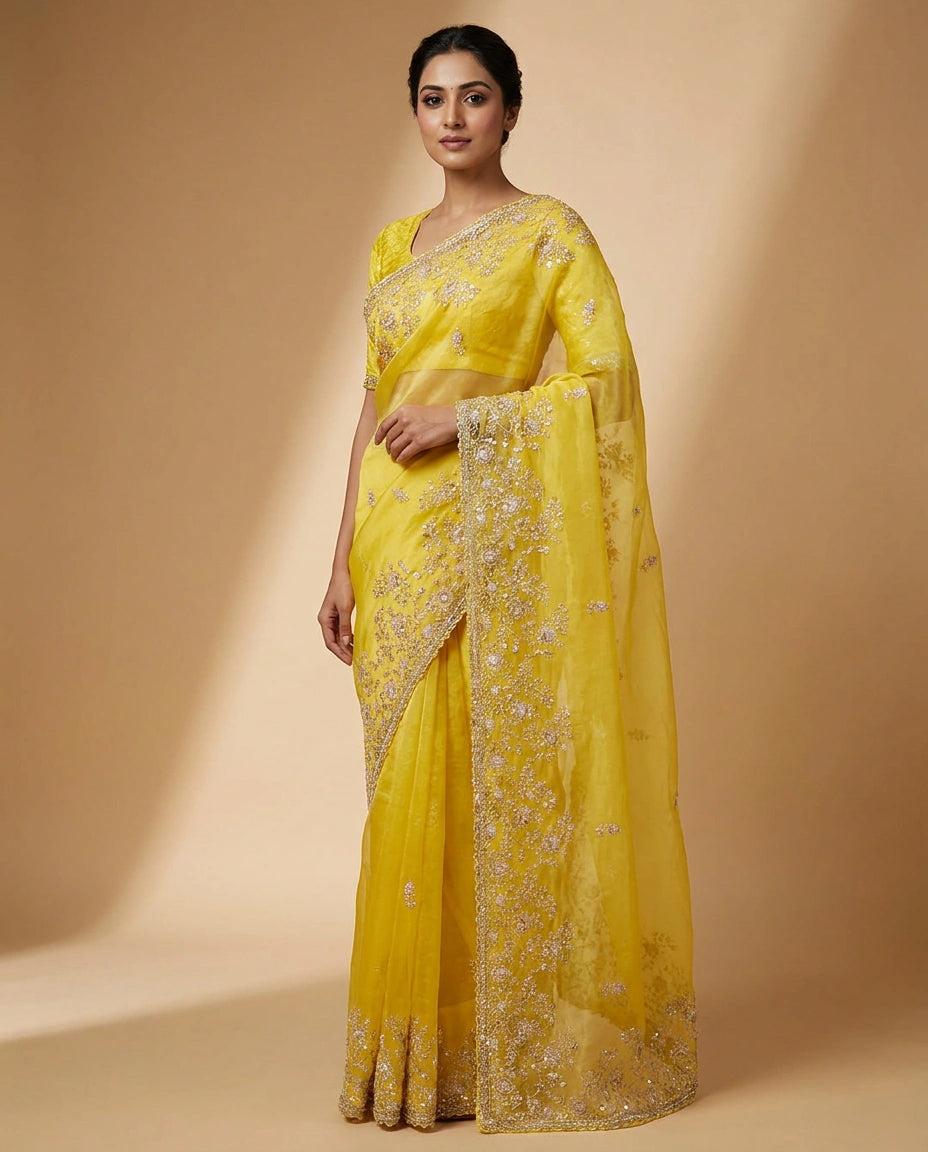 Organza Saree with Tonal Thread Embroidery Online India - Rangoli India