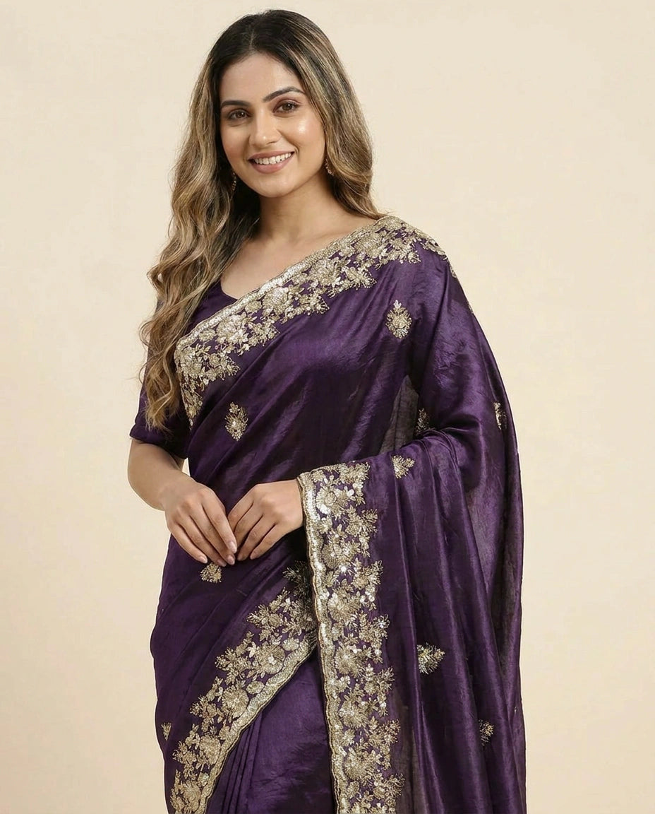 Woman wearing a purple saree with silver embroidery on a beige background
